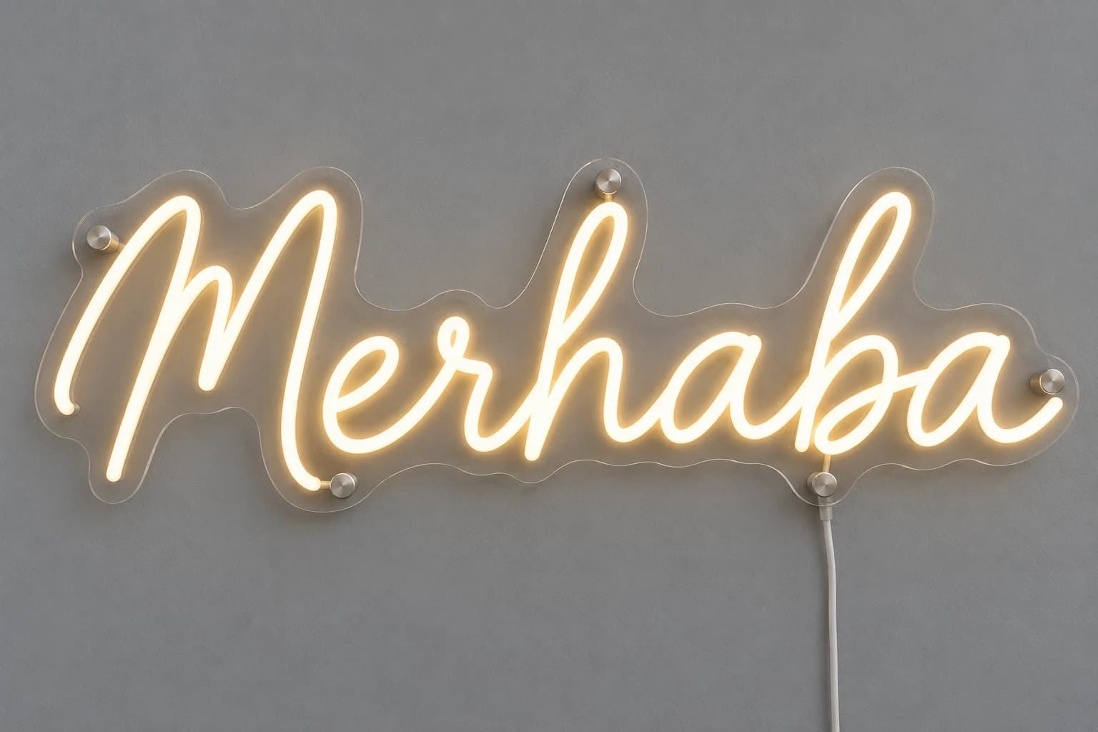 Şeffaf taşıyıcı üzerinde sıcak beyaz Merhaba yazılı temsili LED neon tabela